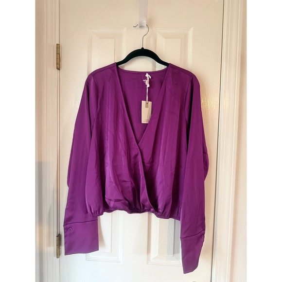 Good American Tops - Good American Purple Satin Wrap Blouse V-Neck Long Sleeve Top Size 3 Large